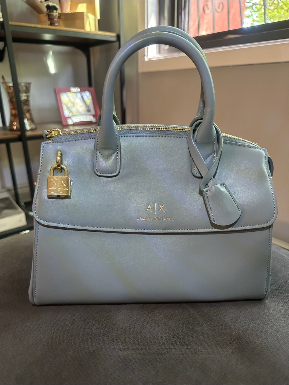 Armani Exchange Light Blue Structured Top-Handle Satchel with Gold Hardware